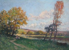 Peinture de paysage impressionniste française de Albert Sirtaine « Picnic by the River » (Picnic by the River)