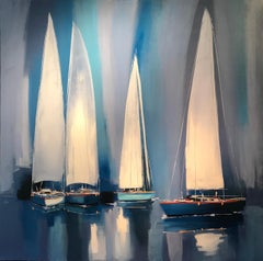 Contemporary Blue Harbour Scene Painting with Boats 
Evening Sail
 by Capdevia