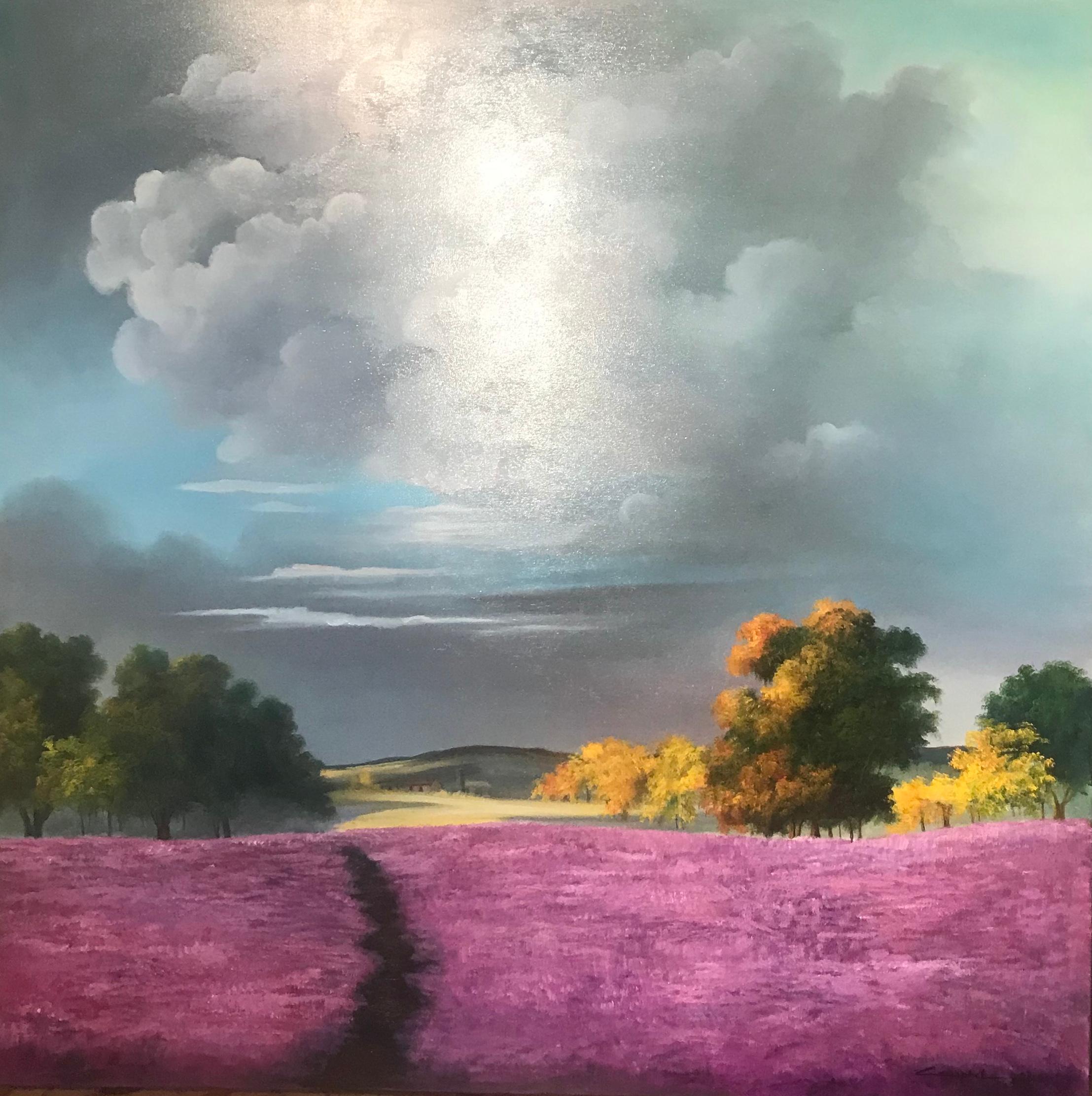 Campbell Landscape Painting - Contemporary Bold Vivid Purple rolling Landscape 'Lilac Meadow' 