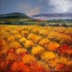 Orange Landscape of Rolling Fields with Lake and boats 
Fields of Amber
