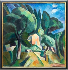 Rural French Landscape painting with a house and green trees & sky, 'Provence'