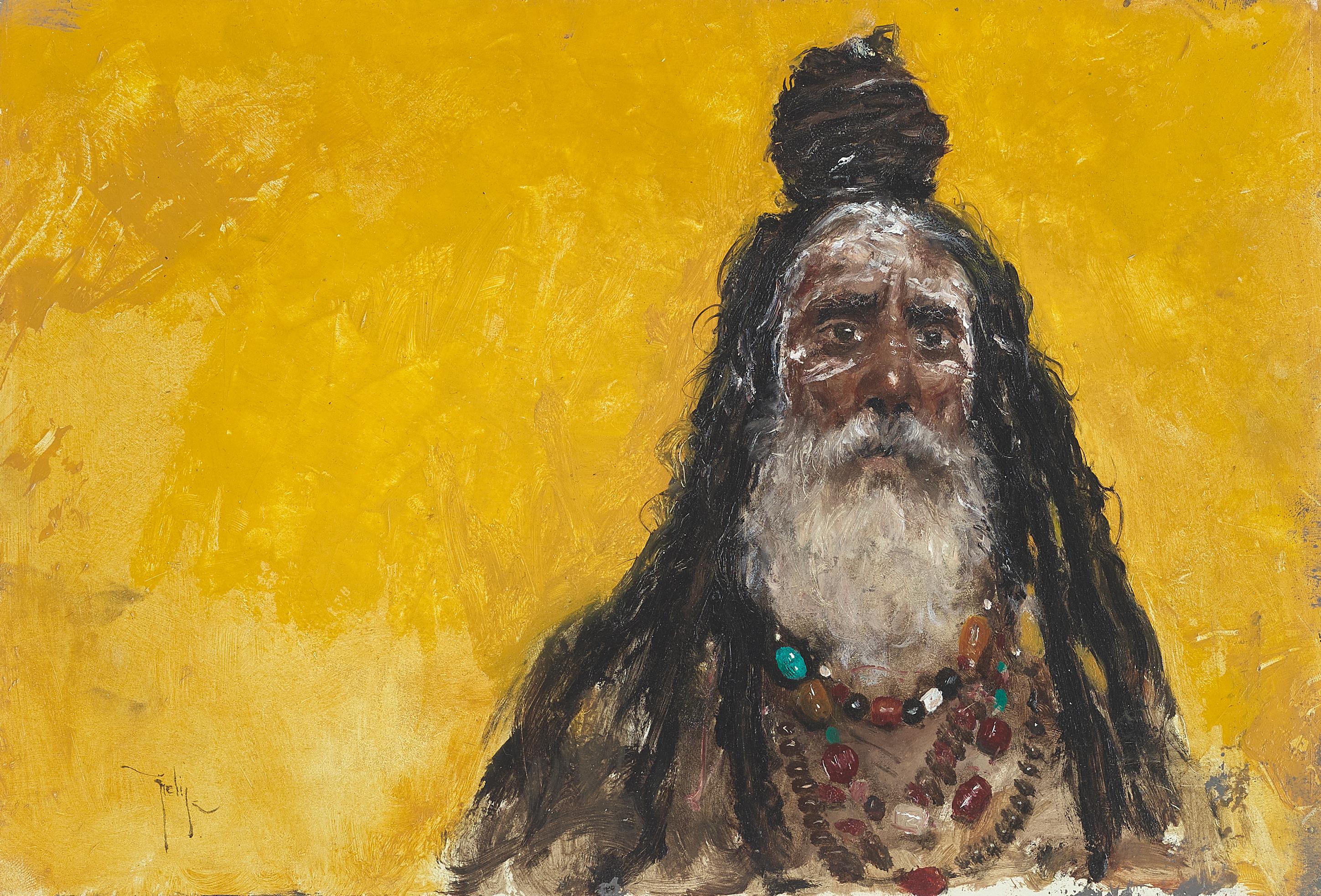 Ignacio Trelis  Portrait Painting - 'The Golden Man' Gold & Yellow Figurative Portrait of a Tribal Warrior Man 