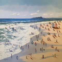 'Beach Huts' Contemporary Colourful 3D Beach Landscape painting with figures