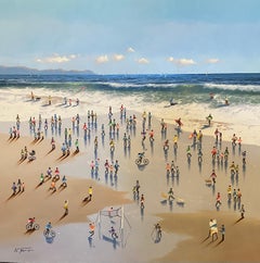 "Catching Waves" Zeitgenössisches farbenfrohes 3D-Strandlandschaftsgemälde mit Figuren