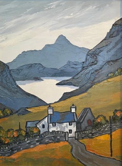 'Highland Farm' Welsh Landscape painting with cottage, lake and mountains 