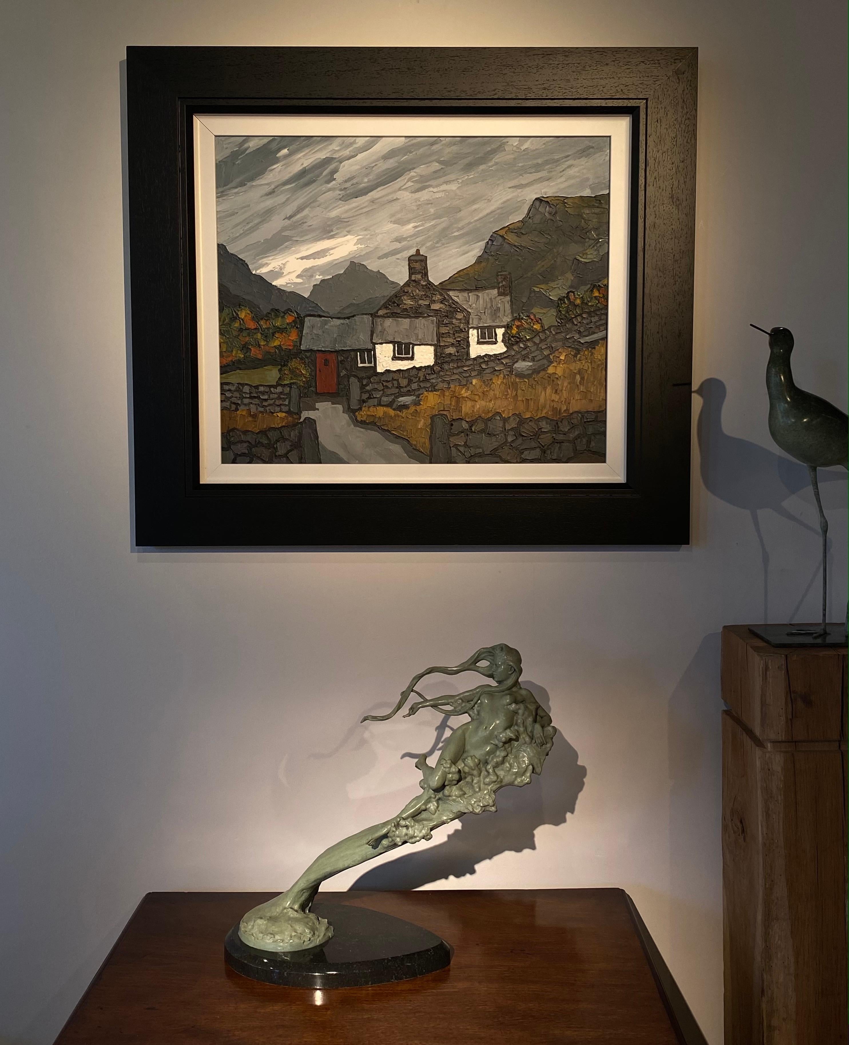'Snowdonia Farm' Contemporary Welsh Landscape painting of a cottages & mountains - Painting by David Barnes