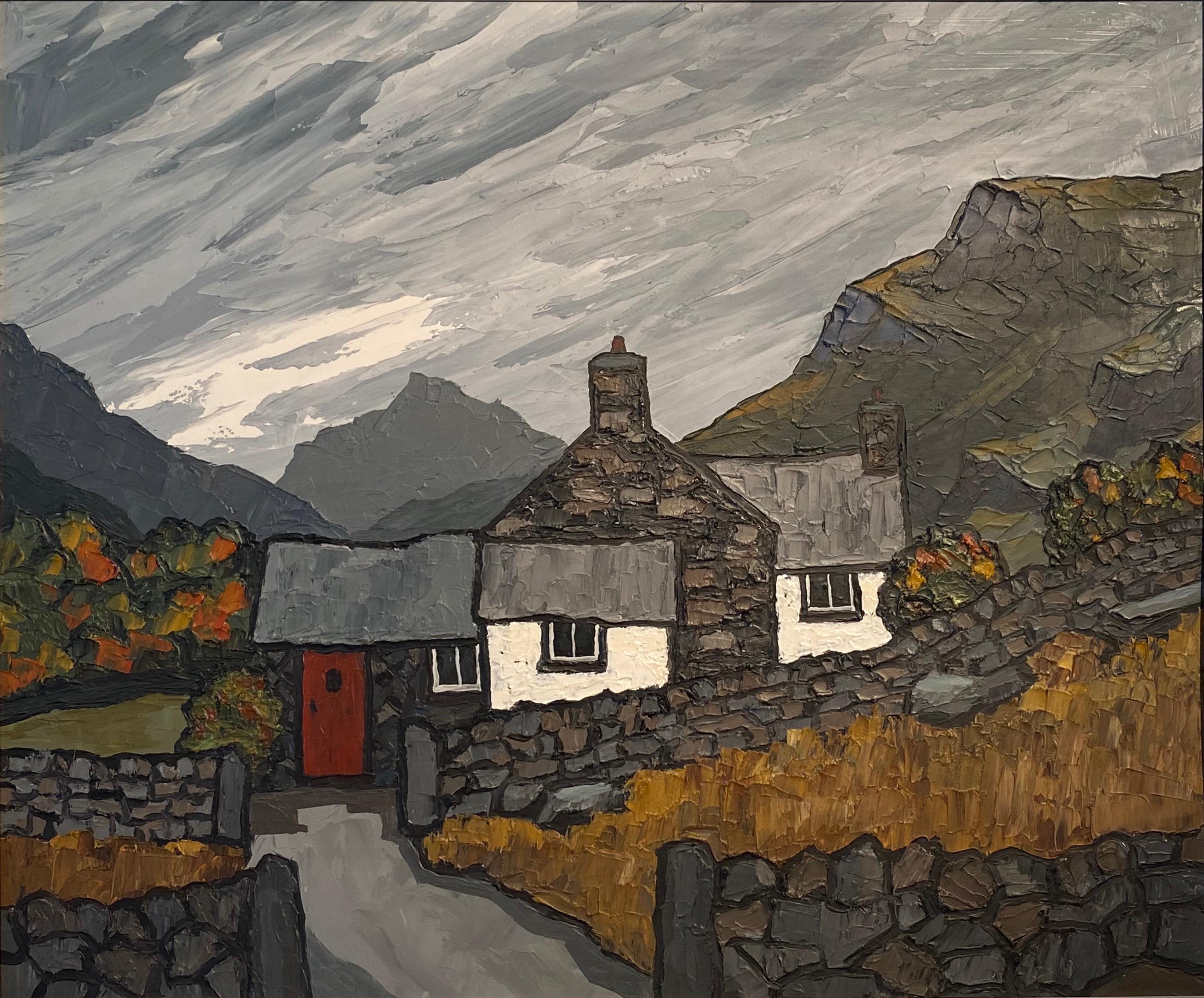David Barnes Landscape Painting - 'Snowdonia Farm' Contemporary Welsh Landscape painting of a cottages & mountains