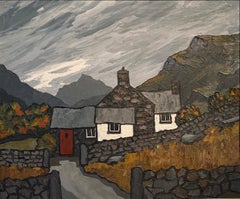 'Snowdonia Farm' Contemporary Welsh Landscape painting of a cottages & mountains