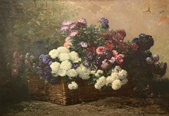 Antique 'Bouquet of Flowers' Still Life Painting of Chrysanthemums, Purple, Blue & White
