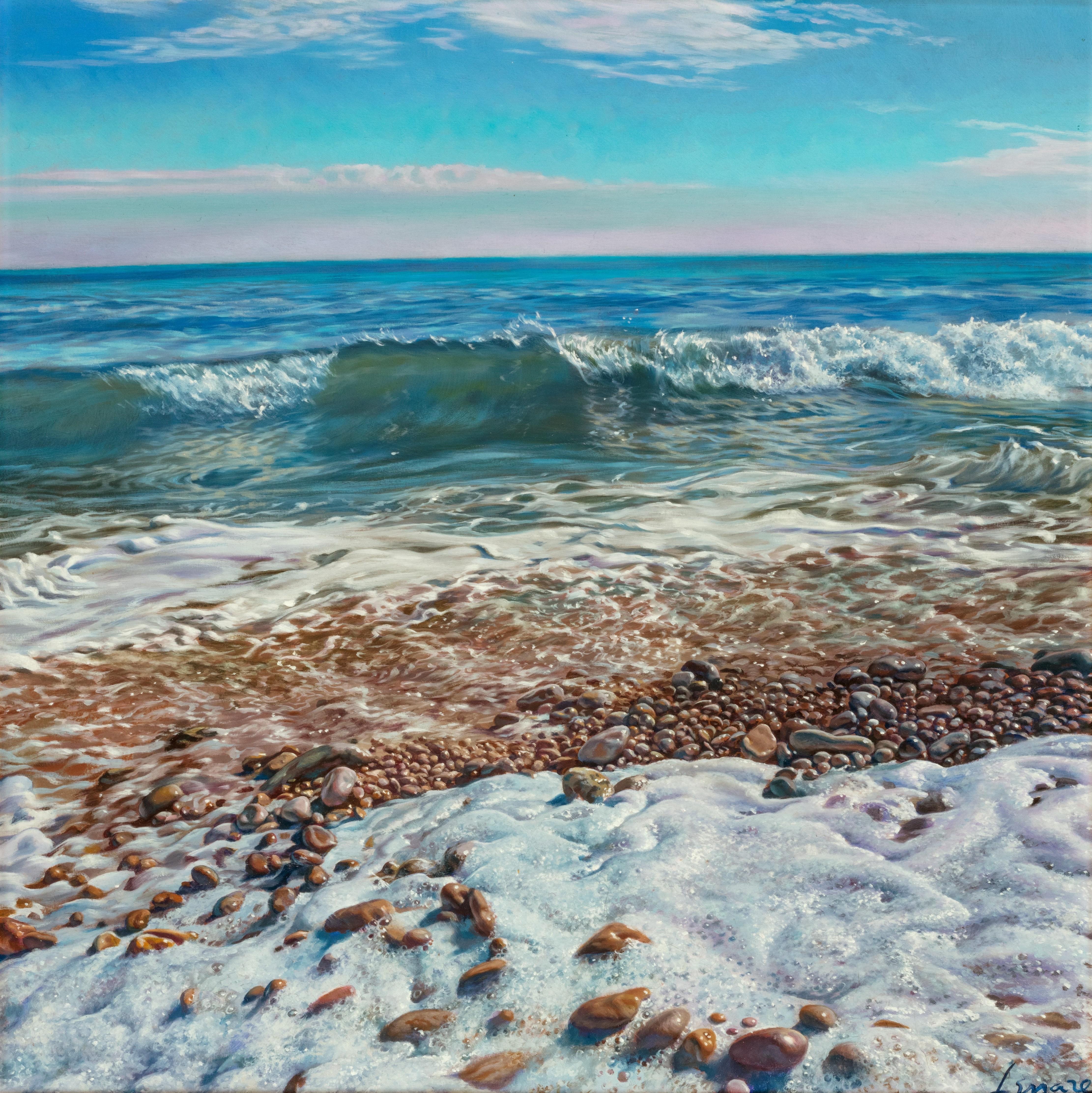 Pepe Linares Landscape Painting - 'Pink Skies' Contemporary Seascape painting of water, rocks, pebbles and waves