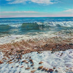 'Pink Skies' Contemporary Seascape painting of water, rocks, pebbles and waves