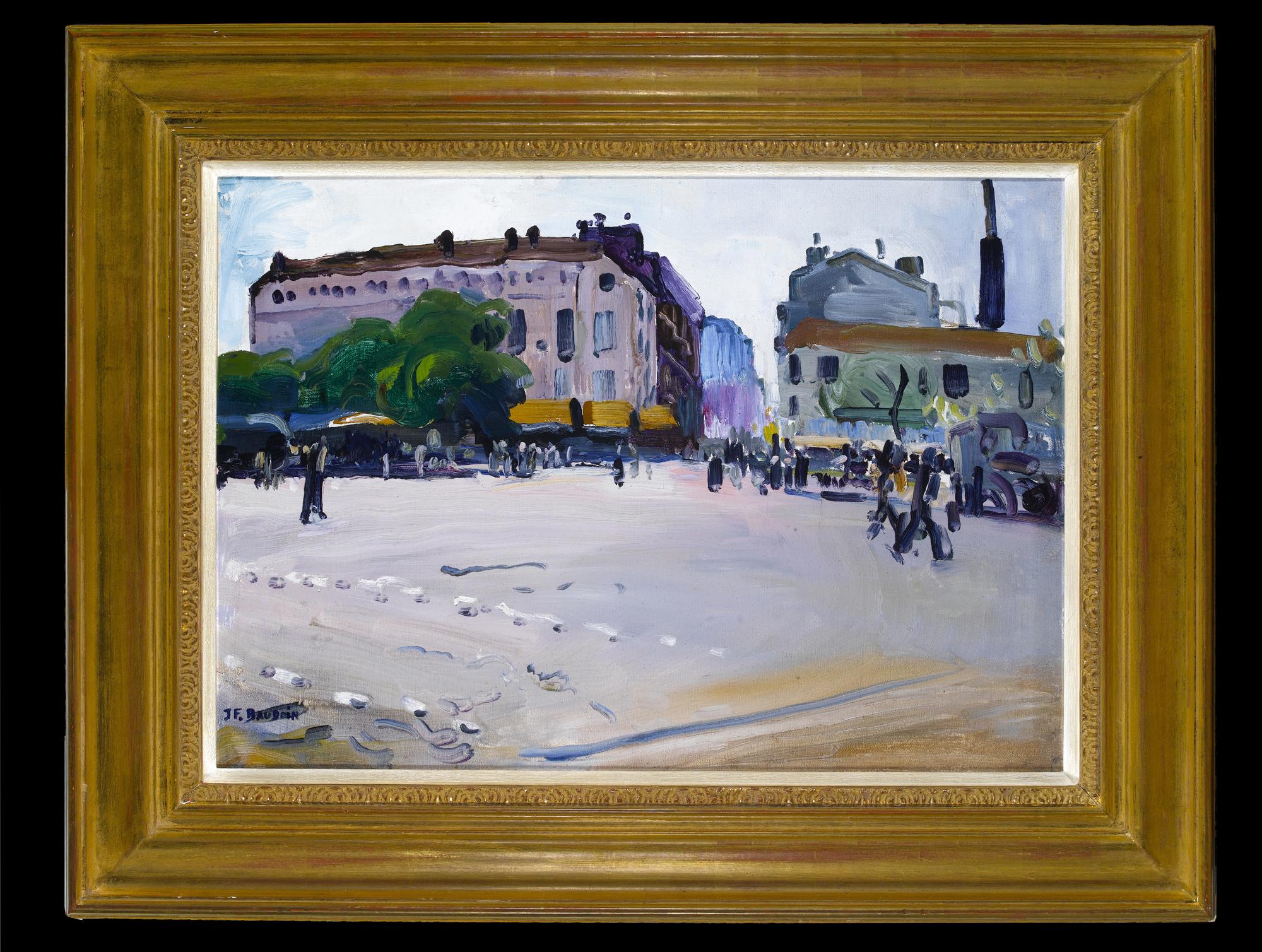 'Place de la Bataille' Busy French Paris Street Scene with Figures, Buildings  - Painting by Jean Franck Baudoin
