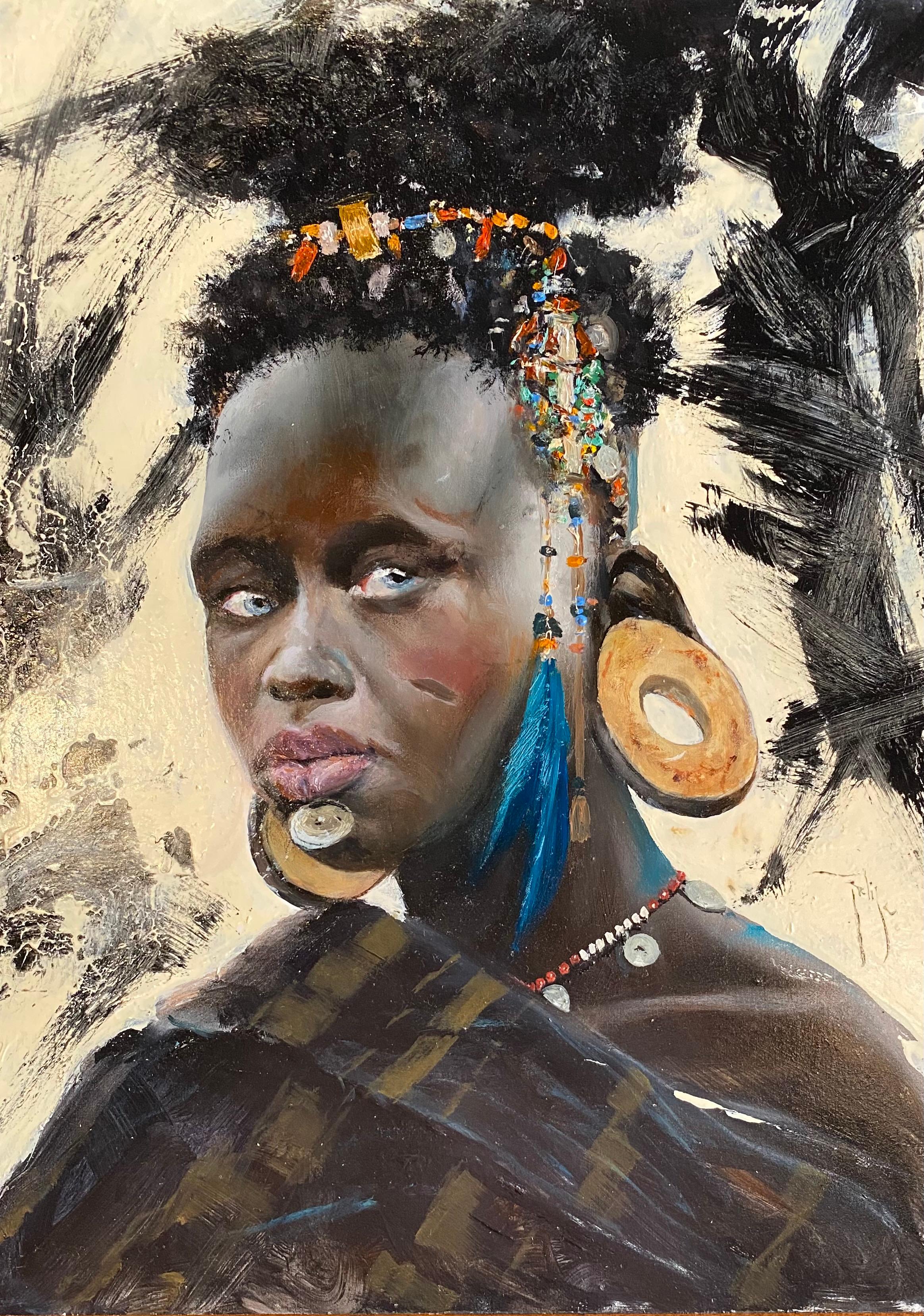 'Tribal Woman' African portrait painting of a woman figure dressed with jewels