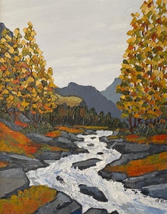 'Autumn Snowdonia' Rural Welsh Landscape painting with river, trees. Oranges