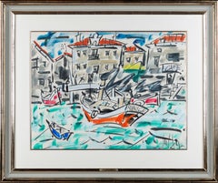 'The Harbour' Abstract French Harbour scene, boat, water & buildings, red, blue