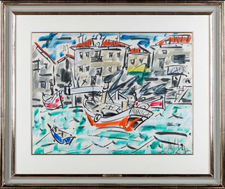 GEN PAUL Abstract Drawing - 'The Harbour' Abstract French Harbour scene, boat, water & buildings, red, blue