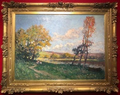Peinture de paysage impressionniste française de Albert Sirtaine « Picnic by the River » (Picnic by the River)