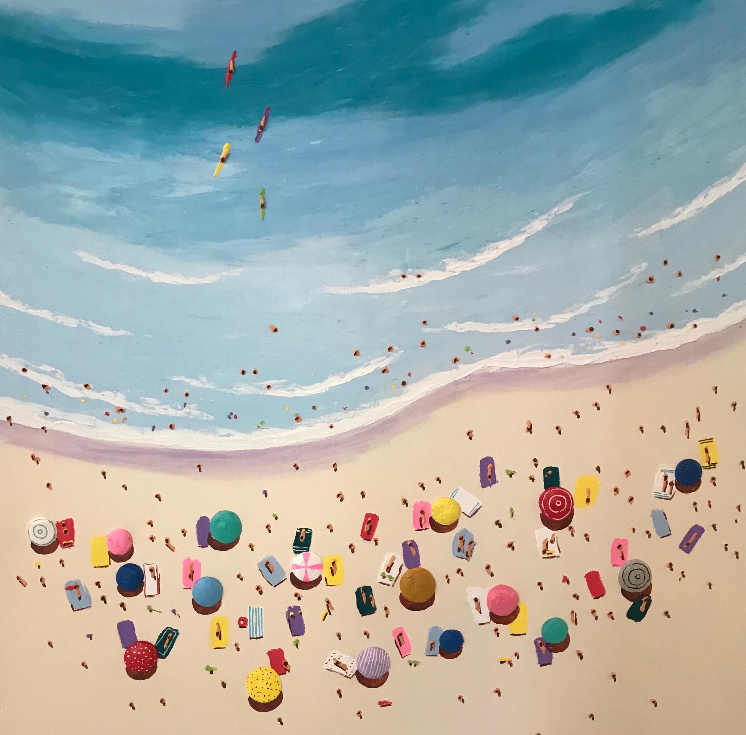 Max Todd Landscape Painting - Contemporary Beach Scene, Bright & Colourful Landscape 'Golden Parasols' 