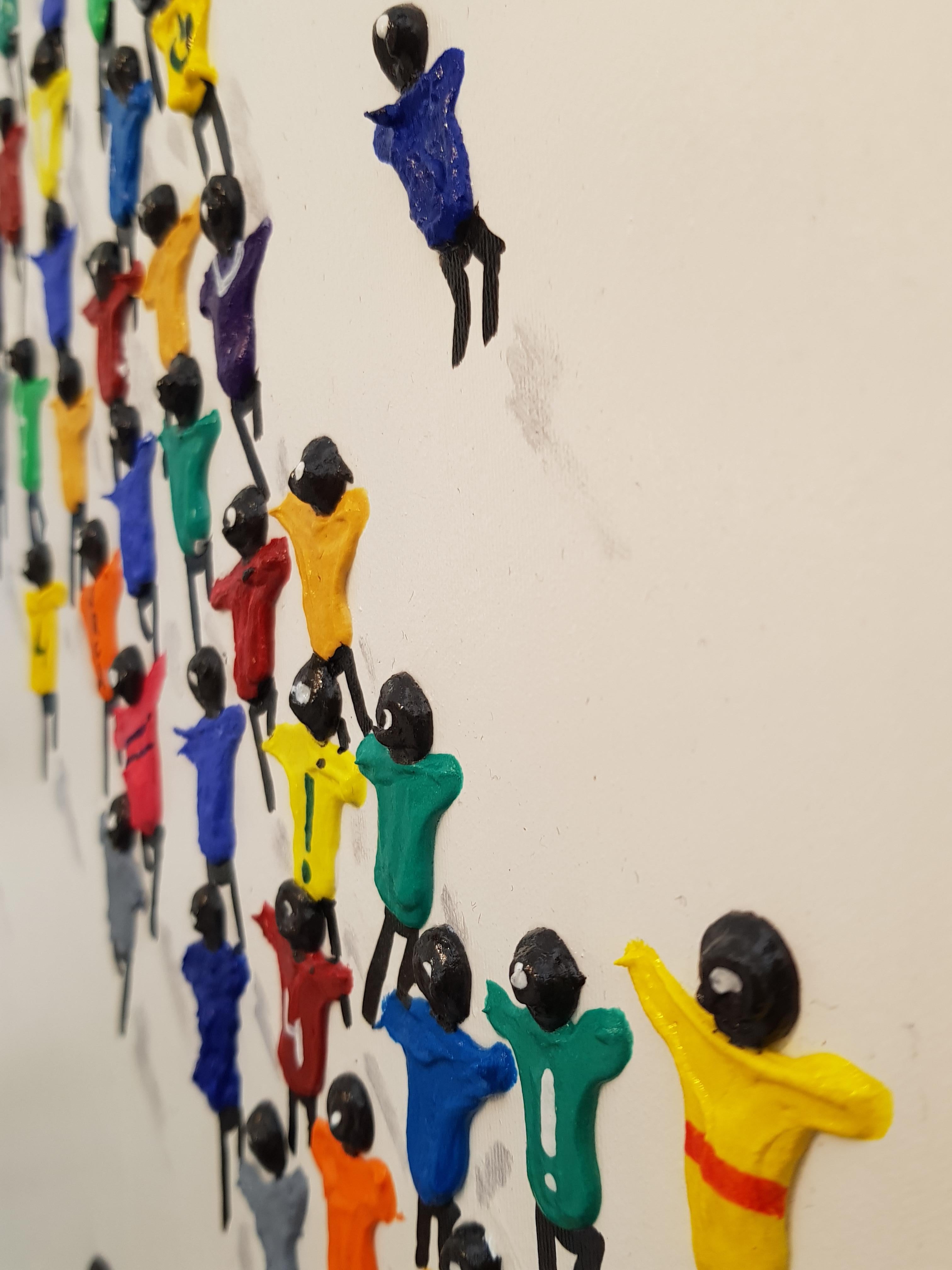 'All Together Now' is a fun and vibrant piece that just pops off the wall. It is extraordinarily unconventional and sure to inspire conversation. 'All Together Now' is part of a series of works inspired by the power and fun of people joining