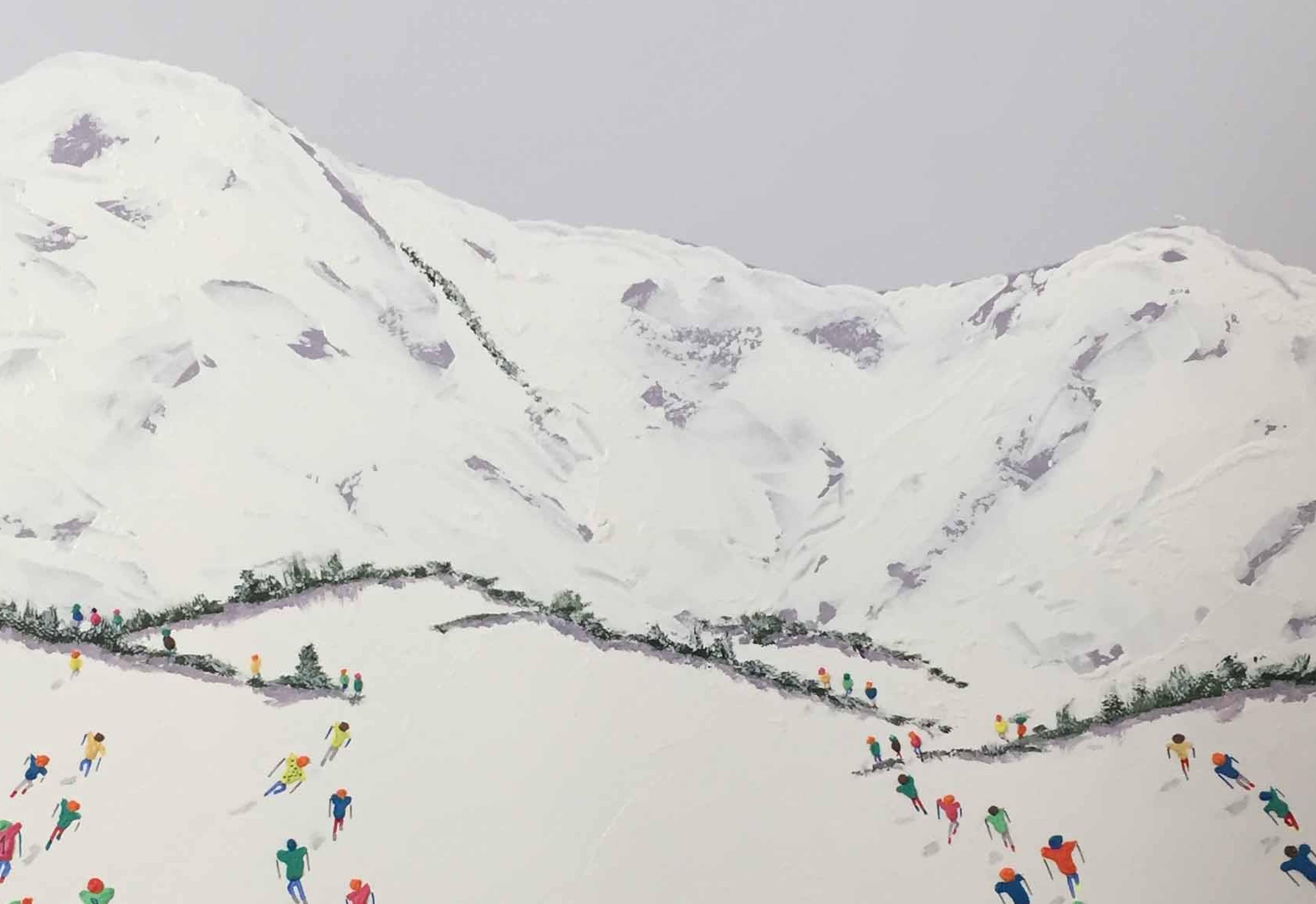 'Ski School' is a fun and vibrant piece that just pops off the wall. It is extraordinarily unconventional and sure to inspire conversation. 'Ski School' is part of a series of works inspired by skiing holidays. The full series can be viewed at our