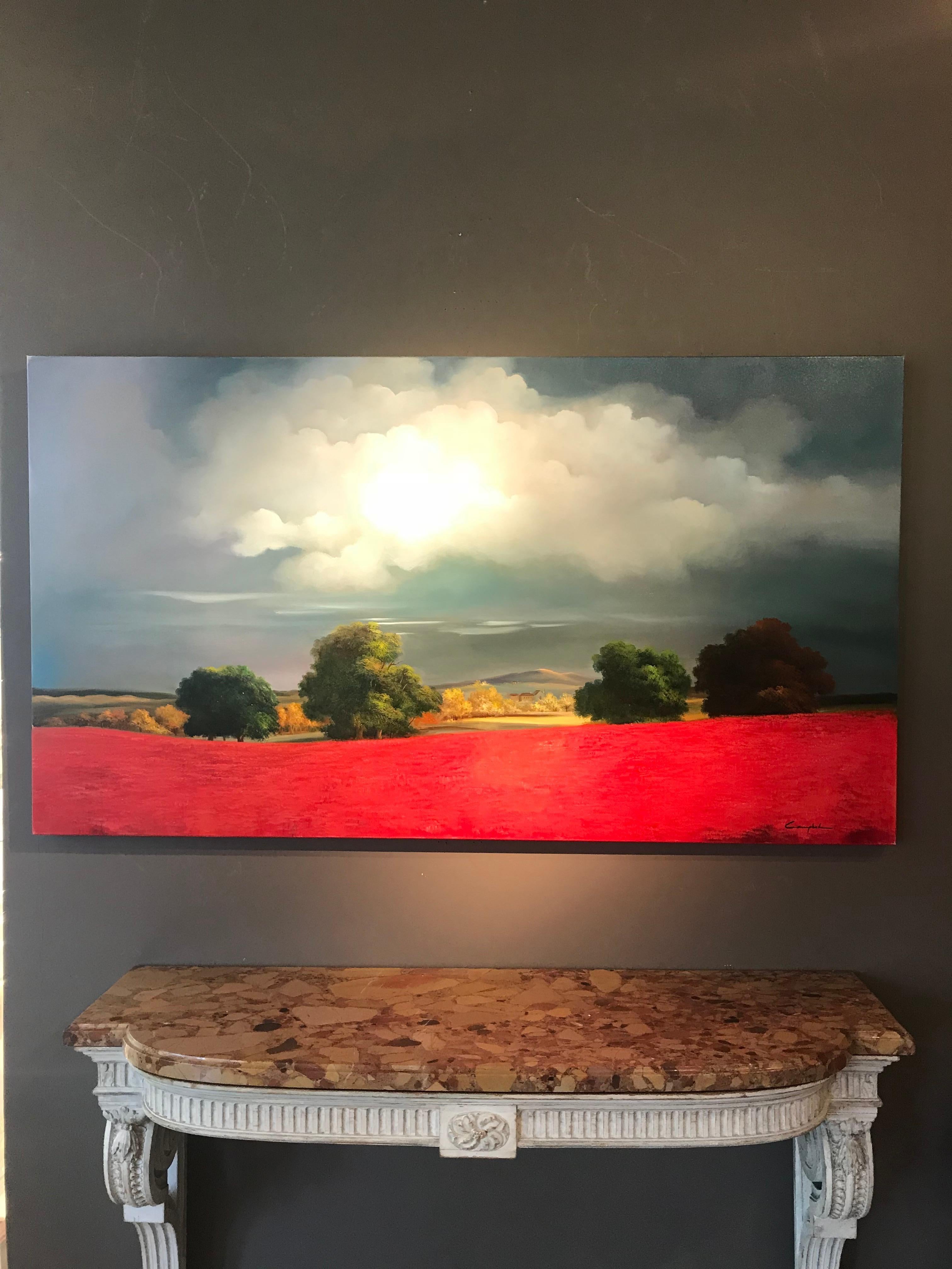 'A View of Red' is a bold and vibrant landscape painting by Campbell. The huge red field is visually vibrant and exciting. It would be an impact and knockout painting in any interior setting. The stormy dark skies create a piece that is atmospheric