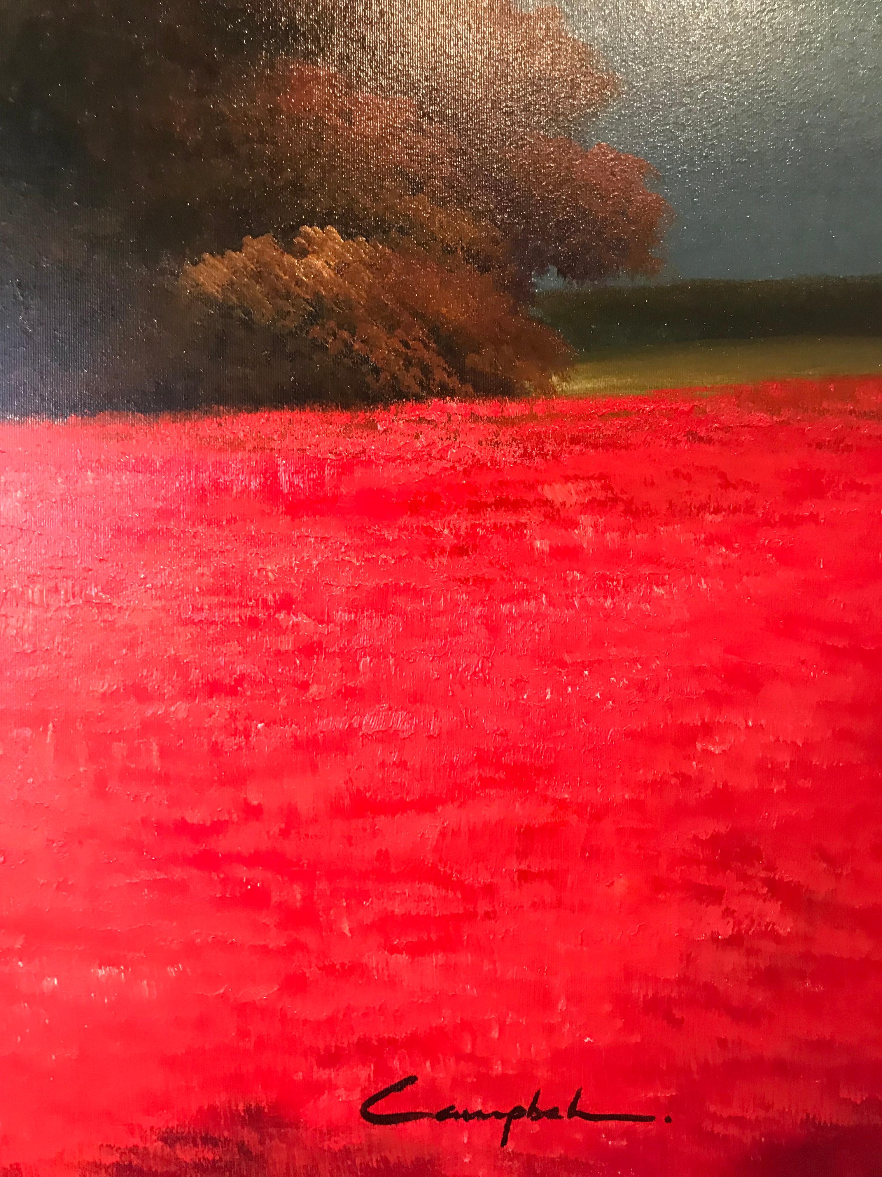Contemporary Red Rural Landscape Oil Painting 'A View of Red' by Campbell 1
