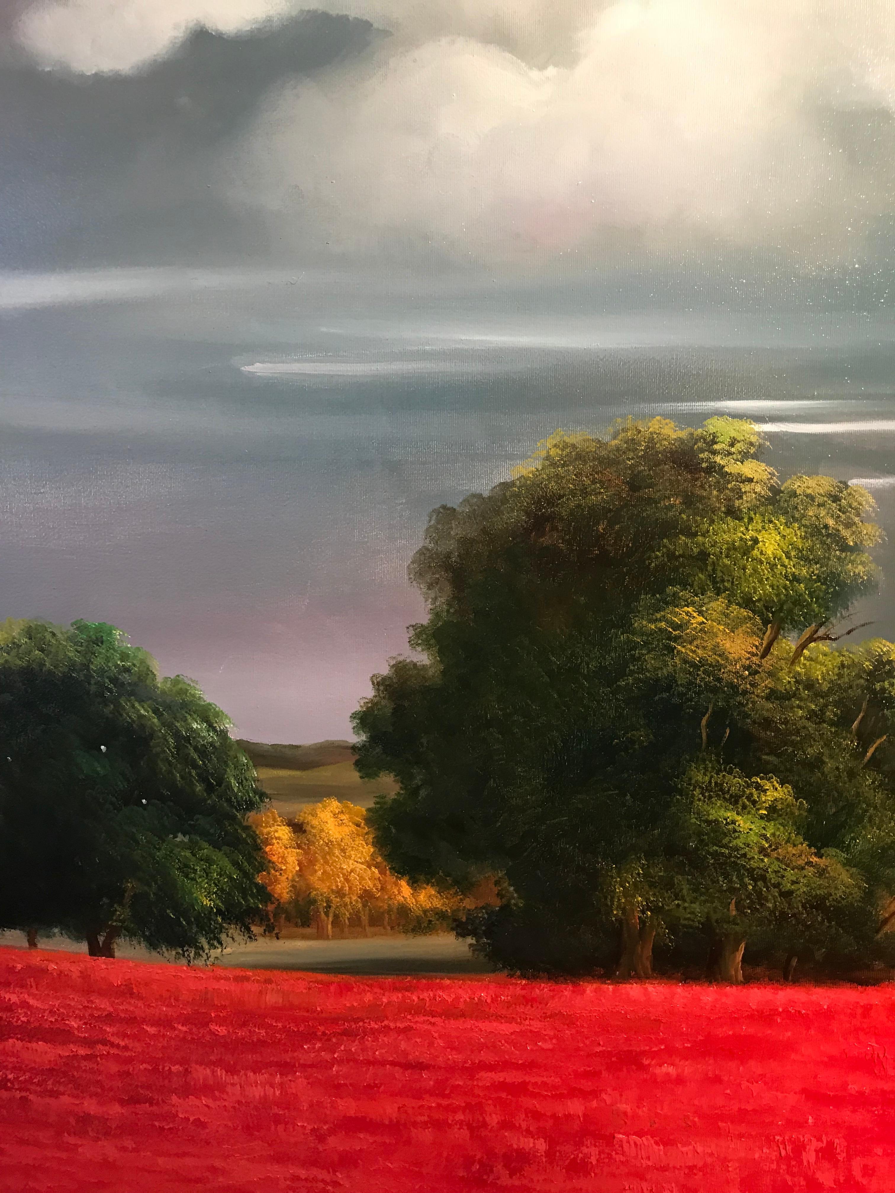 Contemporary Red Rural Landscape Oil Painting 'A View of Red' by Campbell 5