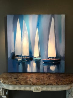 Contemporary Blue Harbour Scene Painting with Boats 'Evening Sail' by Capdevia