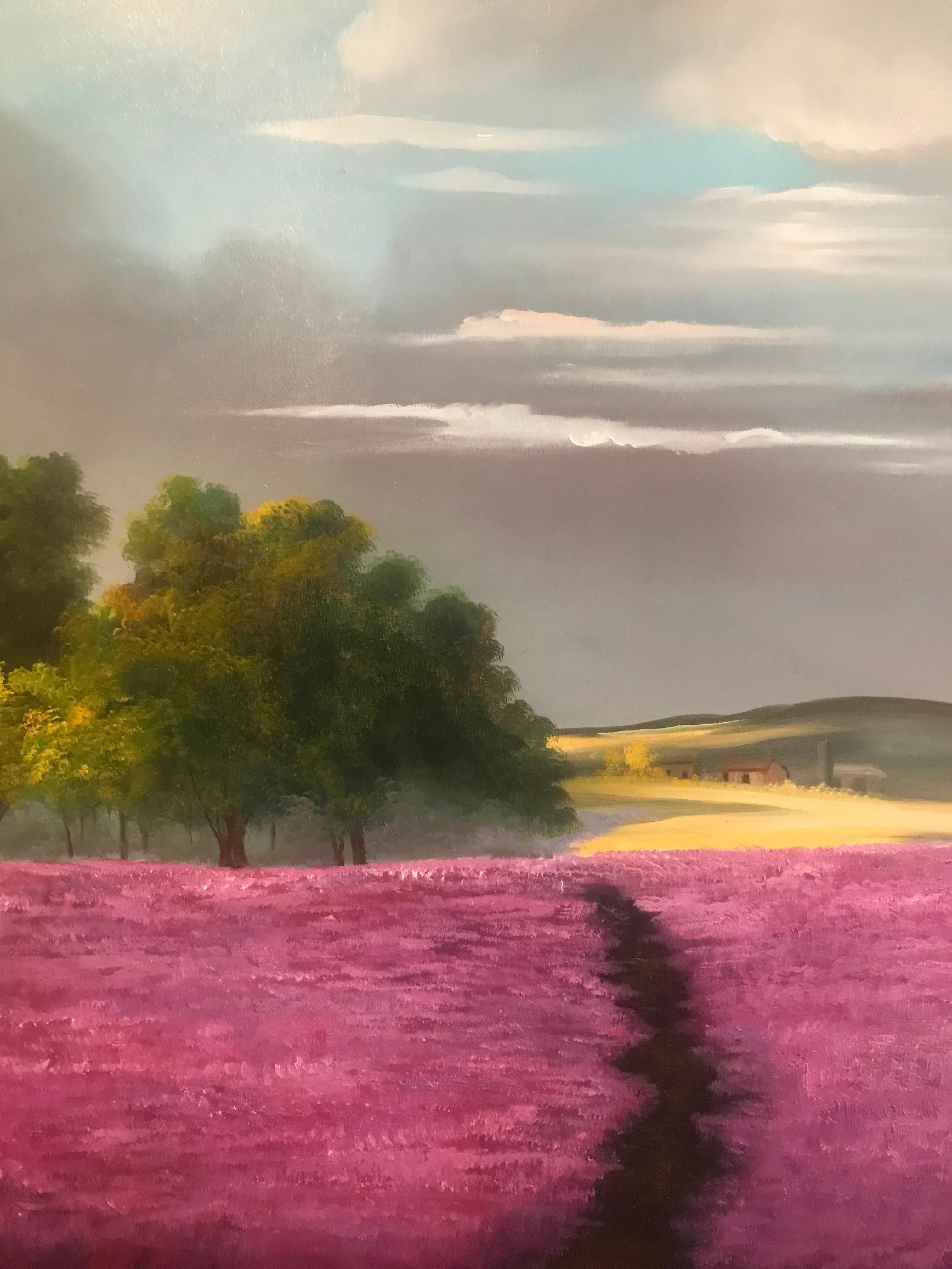 Contemporary Bold Vivid Purple rolling Landscape 'Lilac Meadow'  - Painting by Campbell