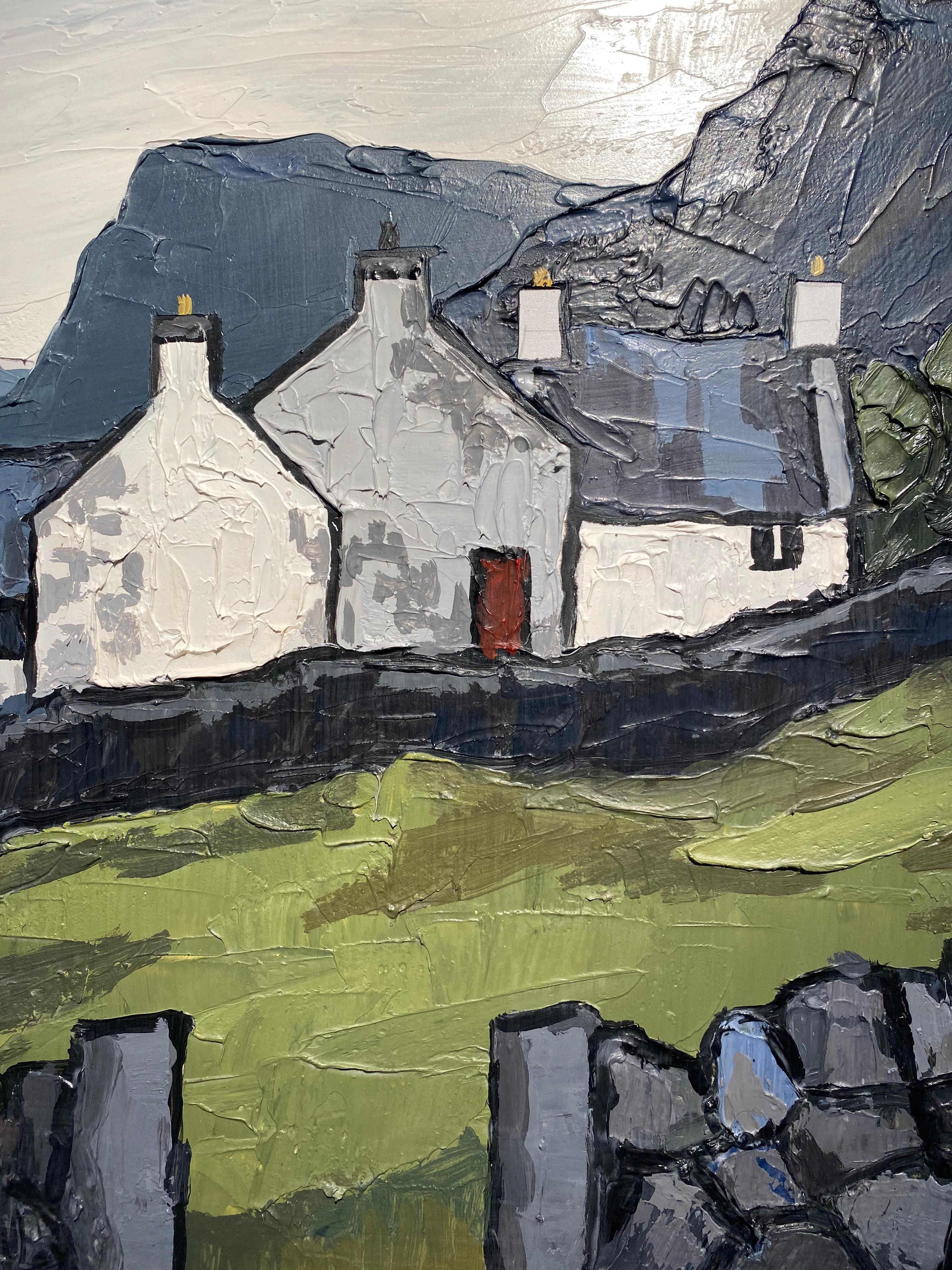'Above the Leadly Valley' by David Barnes is a Contemporary Welsh Landscape Painting.

Barnes captures the greys and browns of North Wales landscapes with brooding intensity, but he also utilises arresting splashes of colour reminiscent of the