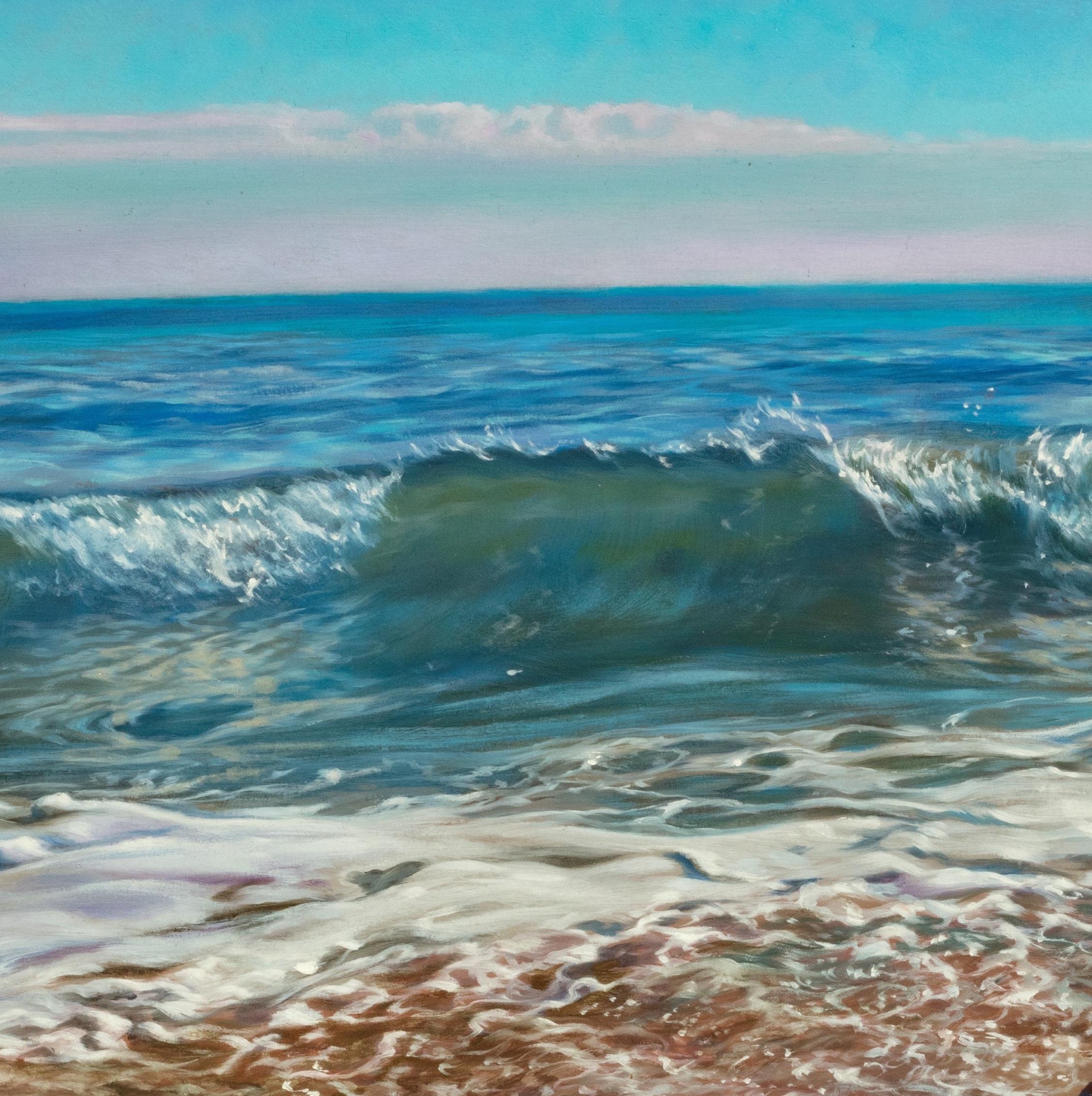 'Pink Skies' Contemporary Seascape painting of water, rocks, pebbles and waves - Painting by Pepe Linares