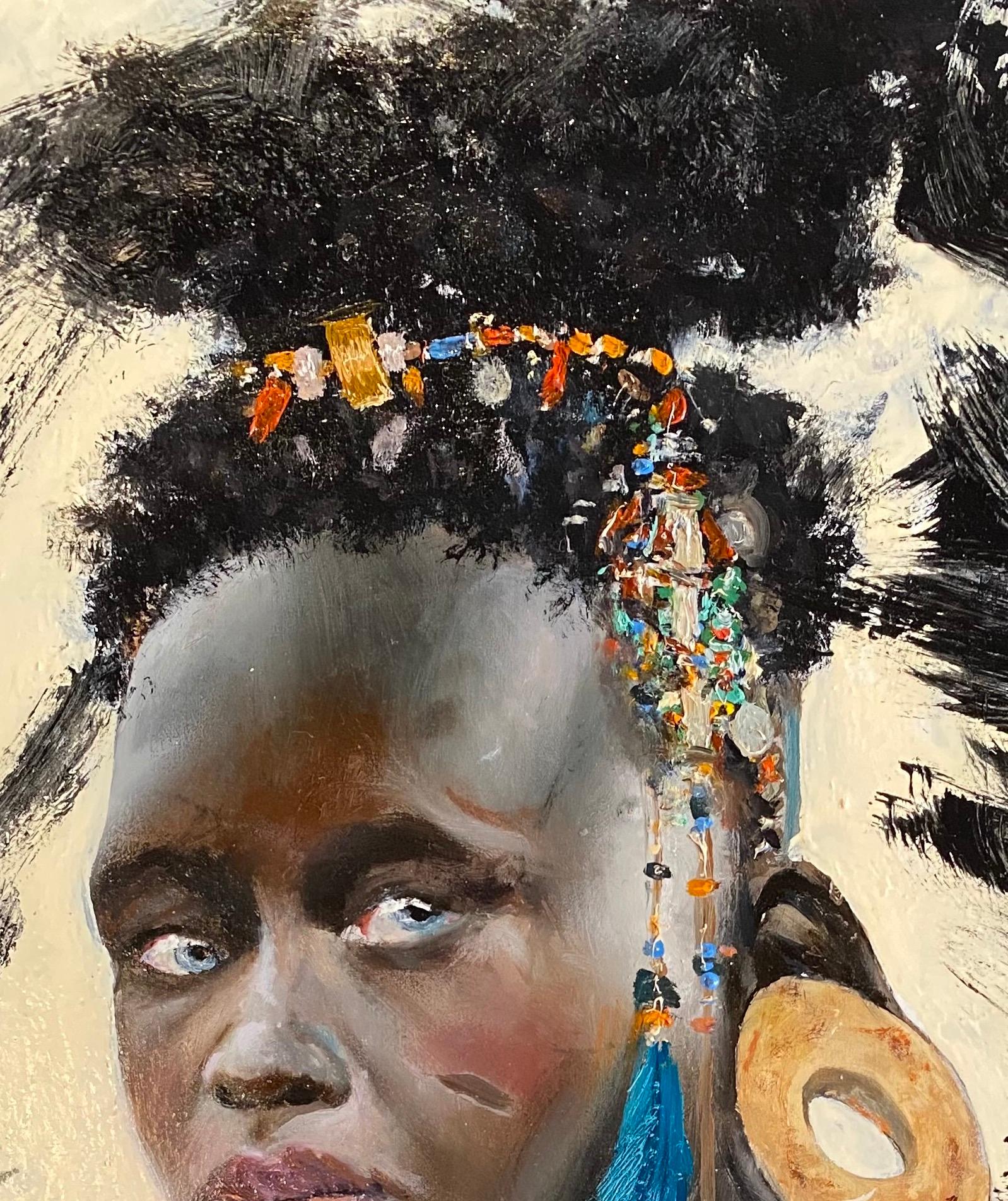 'Tribal Woman' African portrait painting of a woman figure dressed with jewels - Painting by Ignacio Trelis 