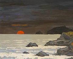 'Anglesey Sunset' Welsh Landscape painting of the sea, sun, rocks & hills