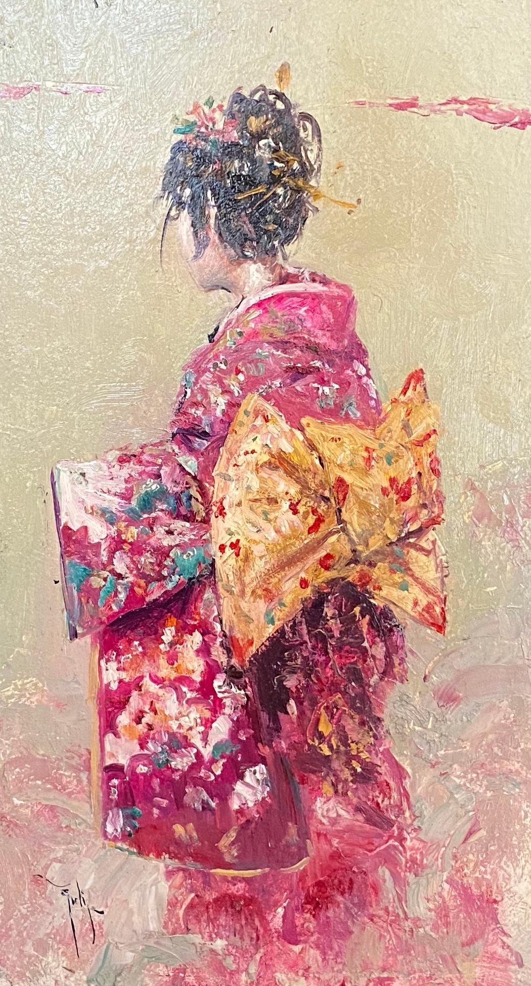 Ignacio Trelis  Portrait Painting - 'Woman in Pink' Figurative Portrait Chinese Woman in Oriental Dress, Valentines 