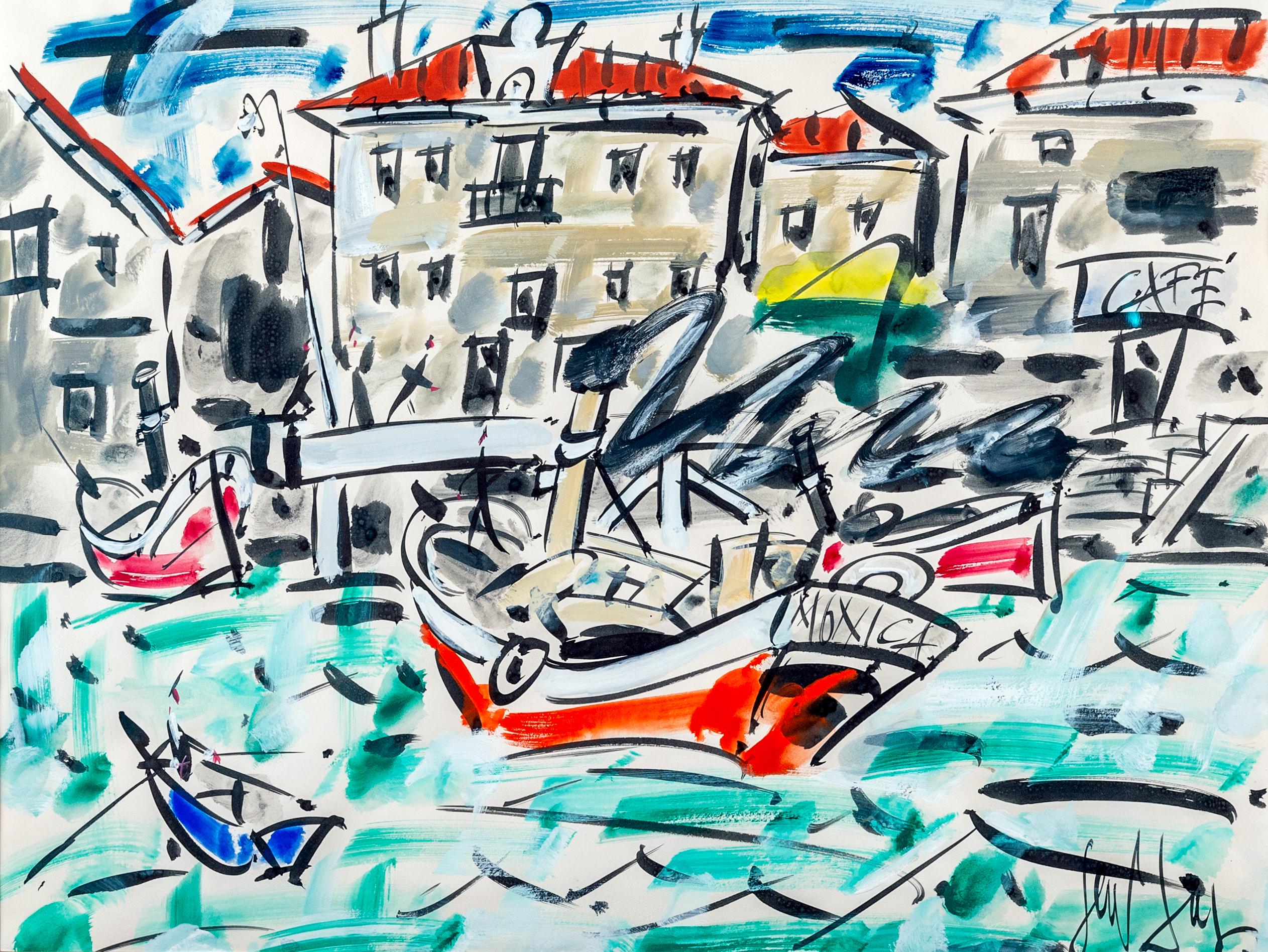 'The Harbour' Abstract French Harbour scene, boat, water & buildings, red, blue - Art by GEN PAUL