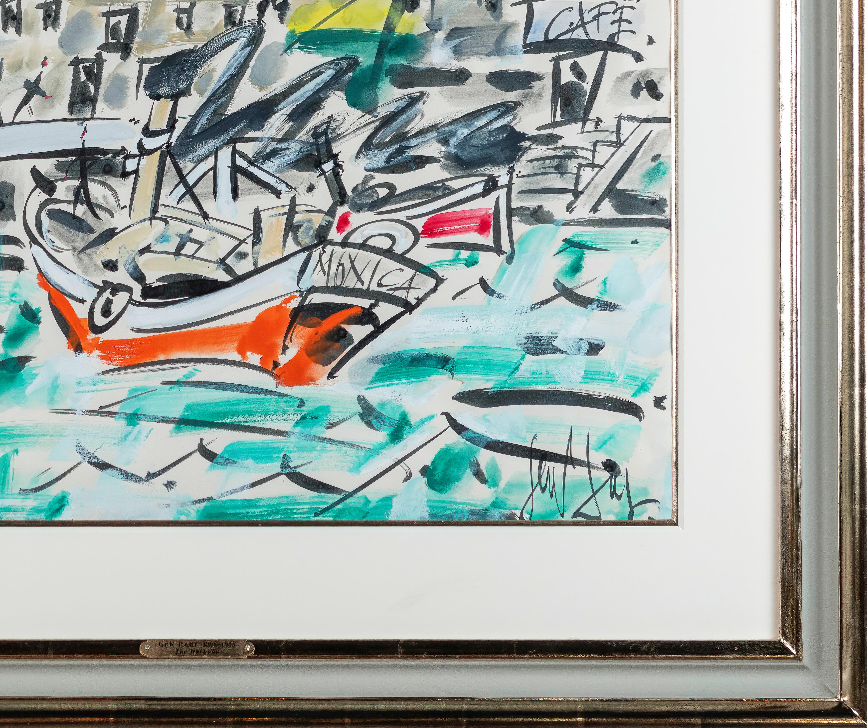 Abstrakte französische Hafenszene „The Harbour“ aus dem Hafen, Boot, Wasser und Gebäude, rot, blau (Grau), Abstract Drawing, von GEN PAUL