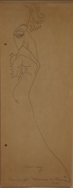 Study for Microcosm Macrocosm, drawing of profile of woman with hand on cheek