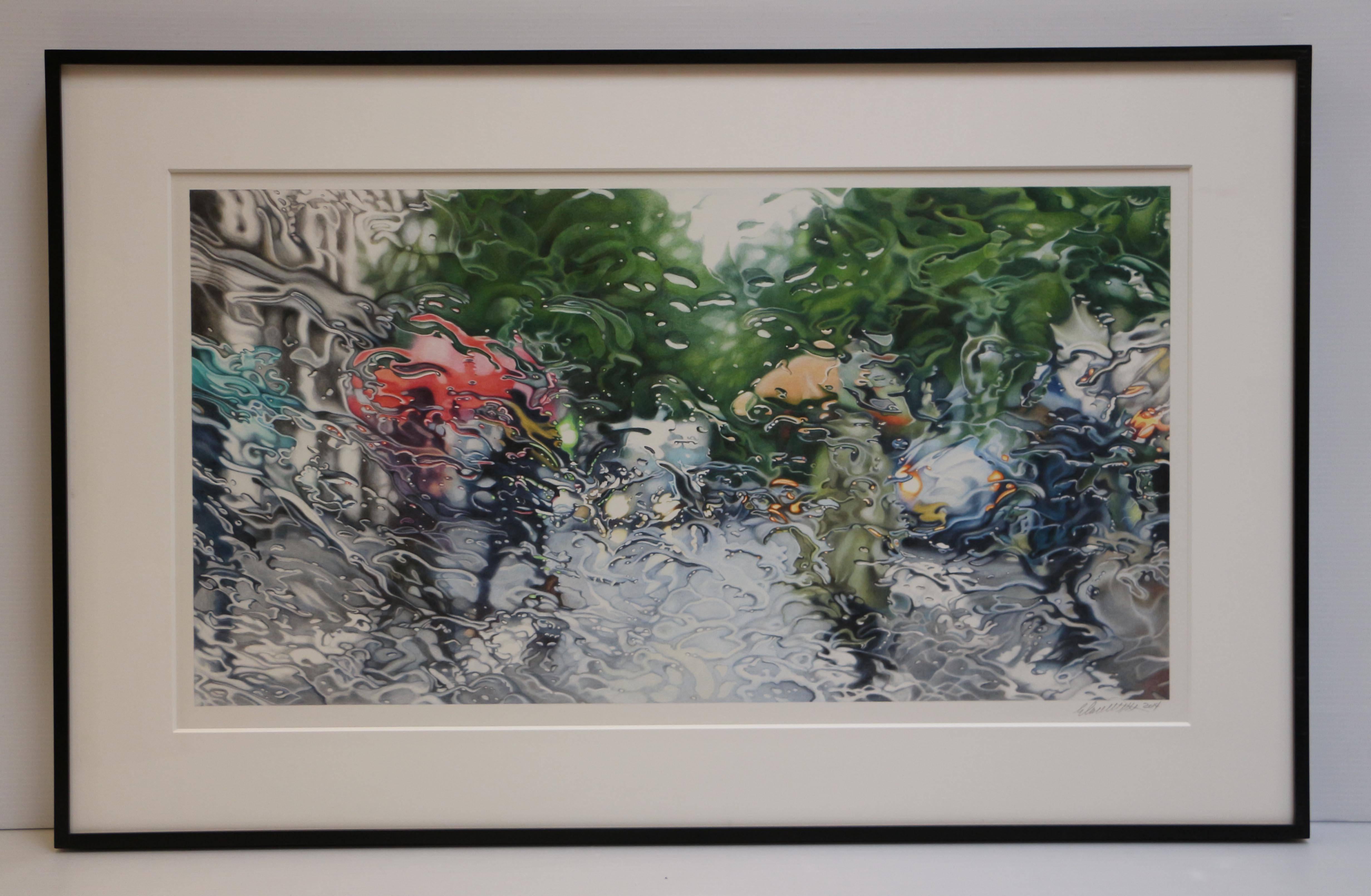 Avenue Raymond Poincaré, Paris, colored pencil drawing of cars & people in rain - Art by Elizabeth Patterson