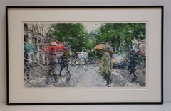 Avenue Raymond Poincaré, Paris, colored pencil drawing of cars & people in rain