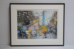 Place Vendome, Paris, colored pencil drawing of cars & people in rain