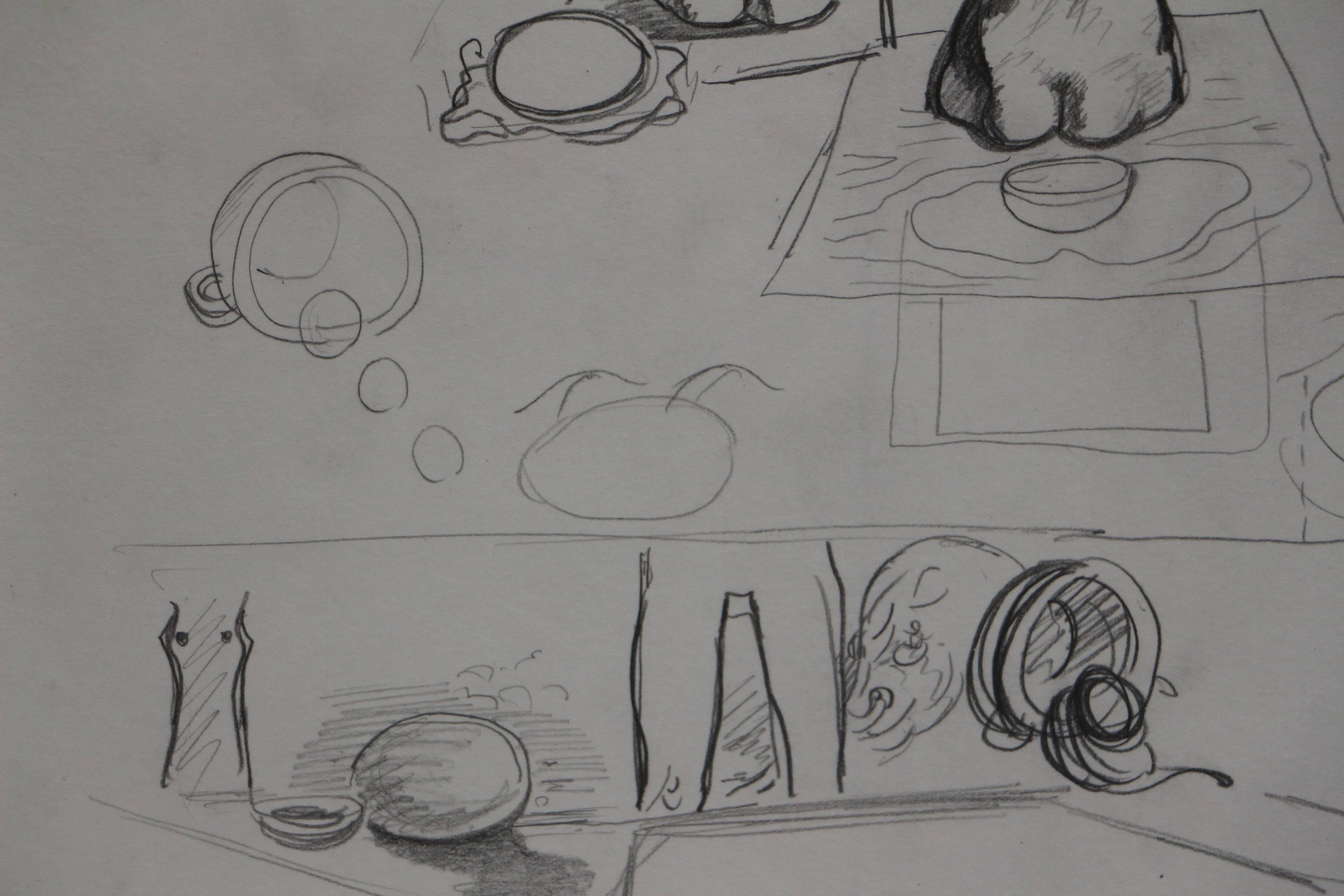 Study for Genesis 3, graphite drawing with figures and still life objects For Sale 2