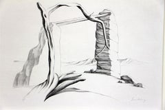 Untitled, graphite drawing of bare trees with minimal landscape and background
