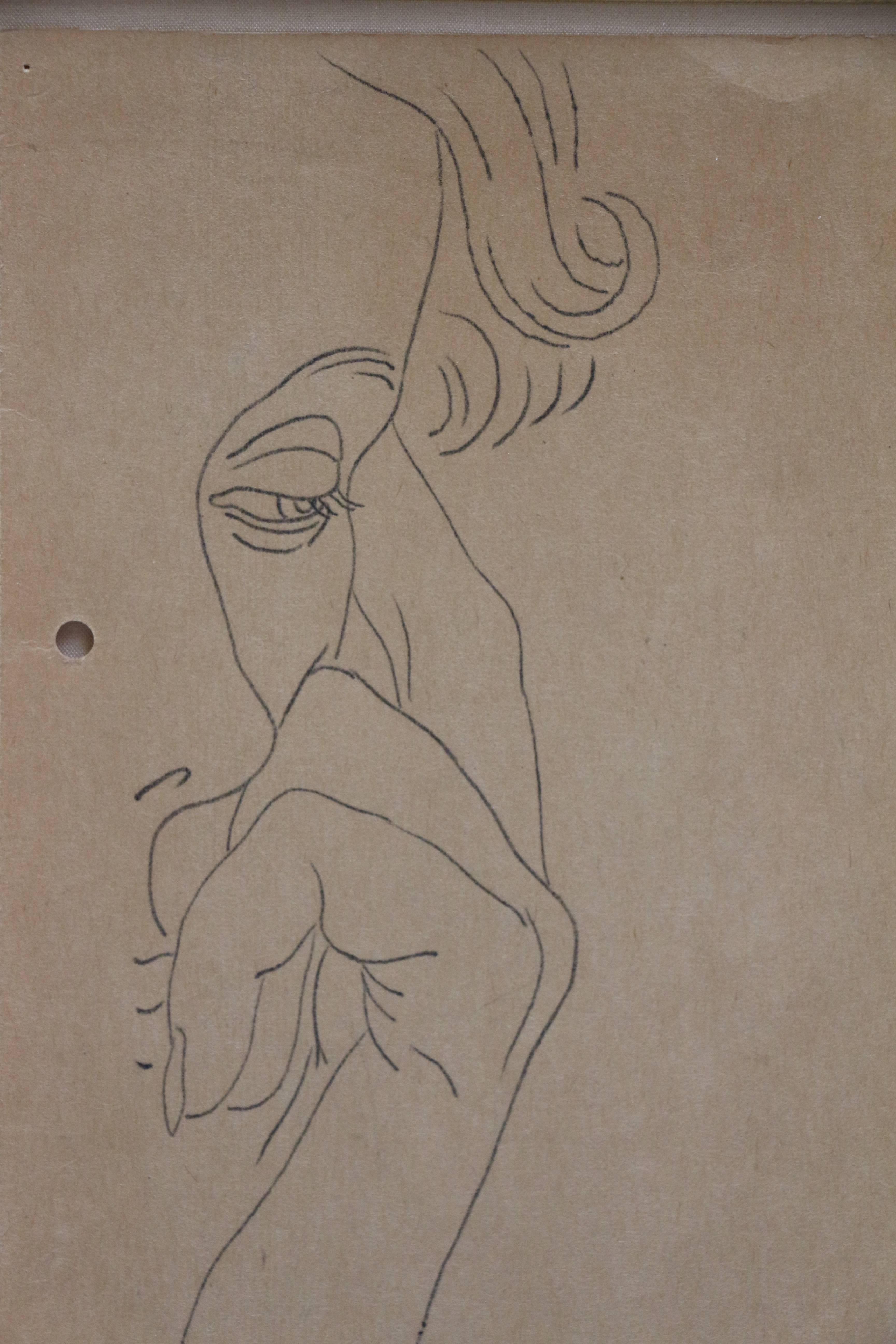 Study for Microcosm Macrocosm, drawing of profile of woman with hand on cheek - Brown Figurative Art by Helen Lundeberg