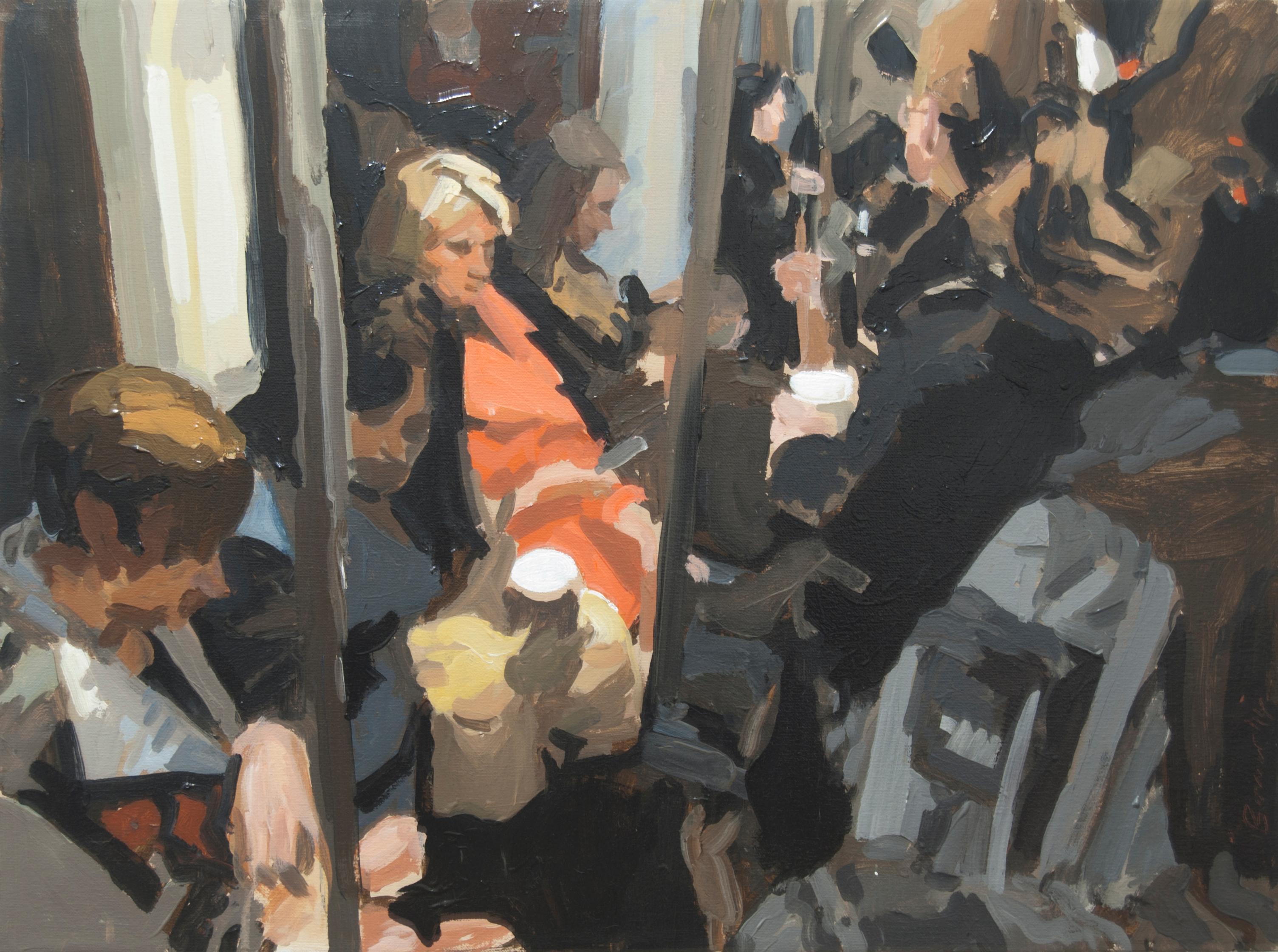 John Bonner Figurative Painting - Subway Ride, Red Coat