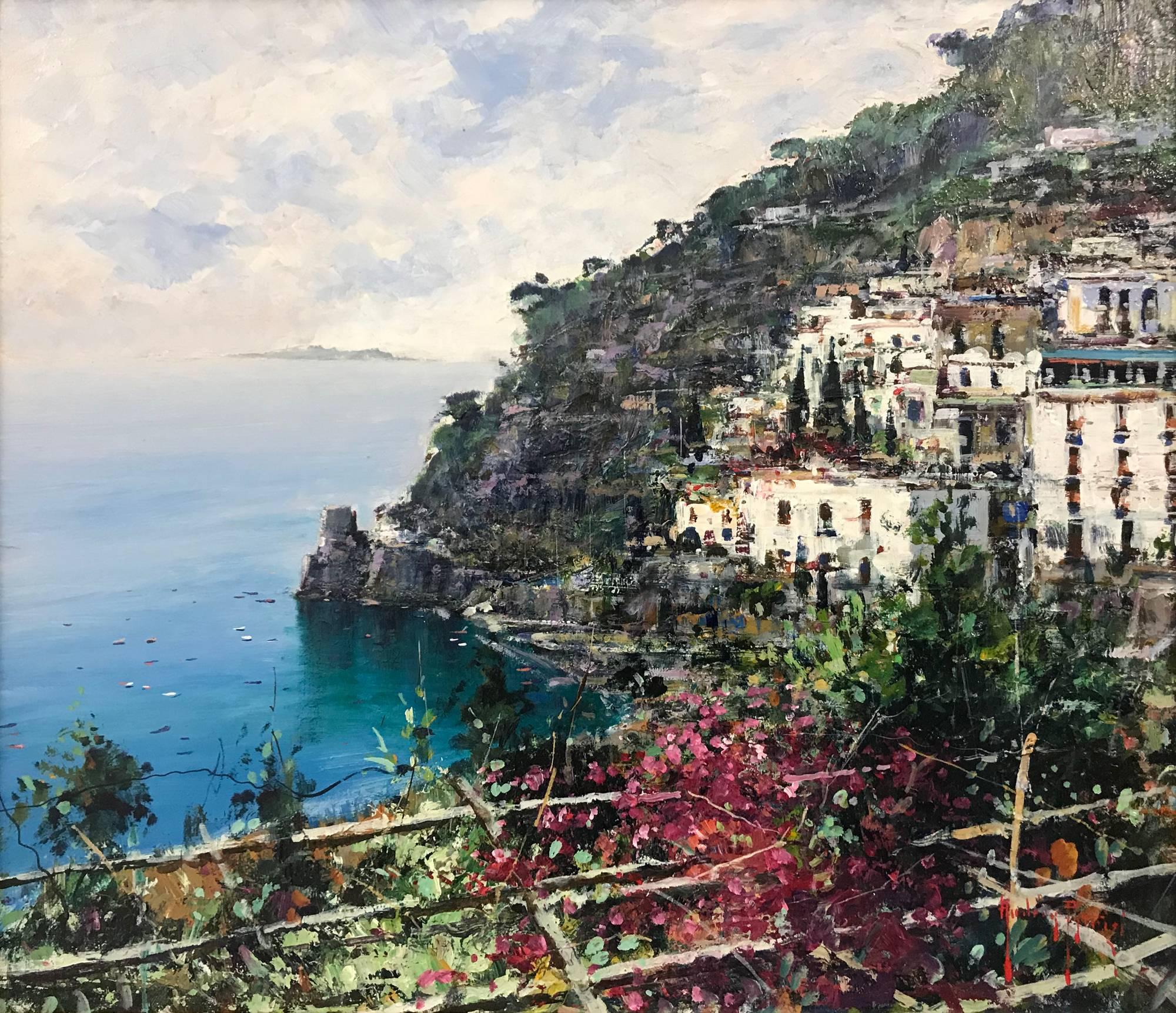 A beautiful impasto oil painting of the Italian Coastline entitled Costiera by Andrea Patrisi (ITALIAN, b.1954) 
20th Century Original, Oil on Board

Art measures 58 x 51cm (23 x 20 inches)
Framed size is 74 x 68cm (29 x 27 inches)
Signed lower right
