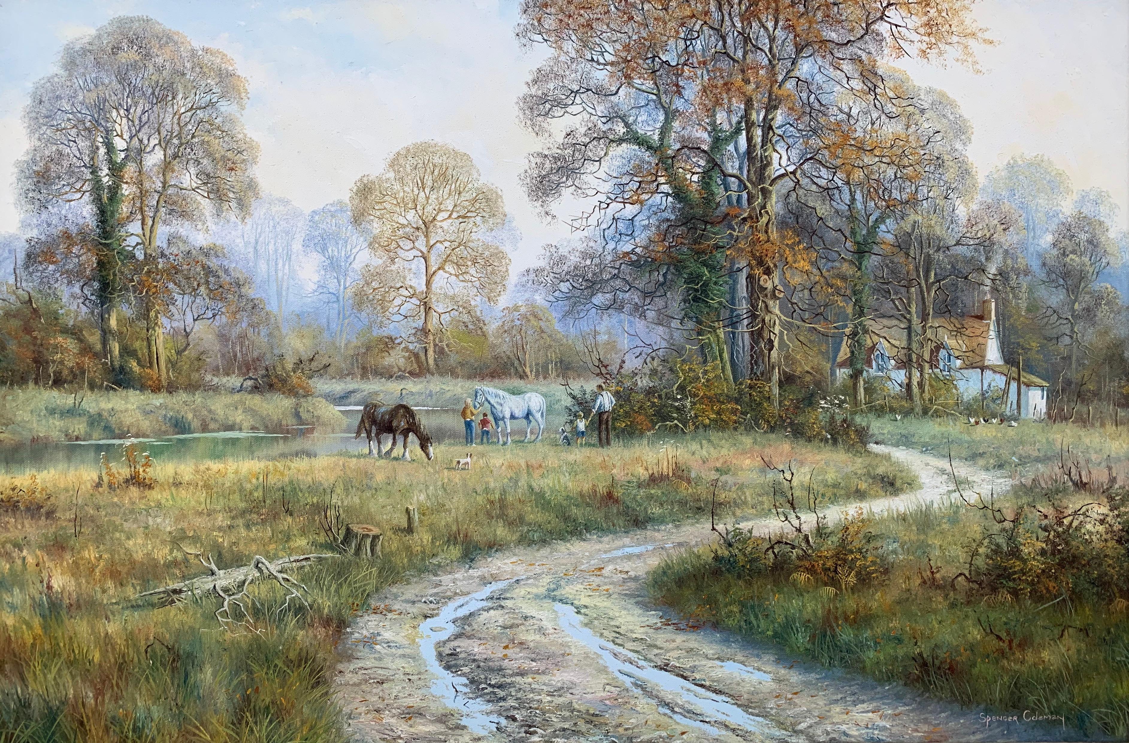 Spencer Coleman Animal Painting – Ölgemälde einer ländlichen englischen Landschaftsszene mit Pferden und einem Haus von Stream