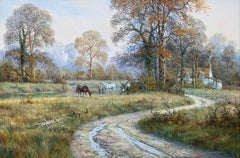 Oil Painting of Rural English Countryside Scene with Horses & Cottage by Stream