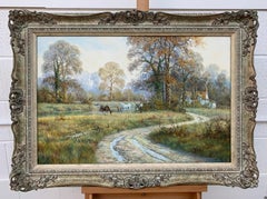 Oil Painting of Rural English Countryside Scene with Horses & Cottage by Stream