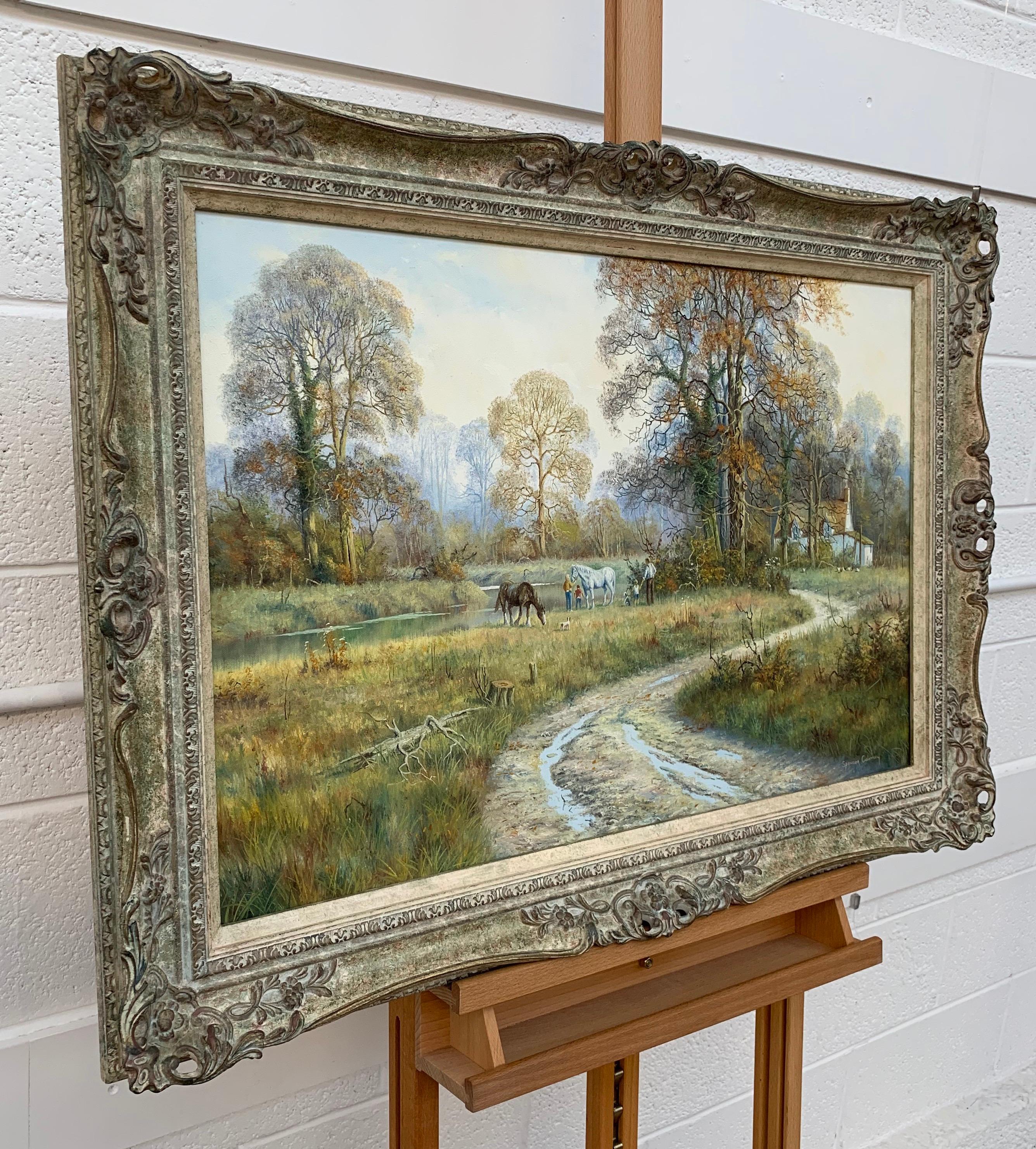 Einzigartiges Originalgemälde einer ländlichen englischen Landschaftsszene mit Pferden und einem Haus von Stream. Öl auf Leinwand:: 28 x 20 Zoll (70 x 50cm). Auf der rechten unteren Seite signiert:: in einem verzierten Rahmen in Used-Optik