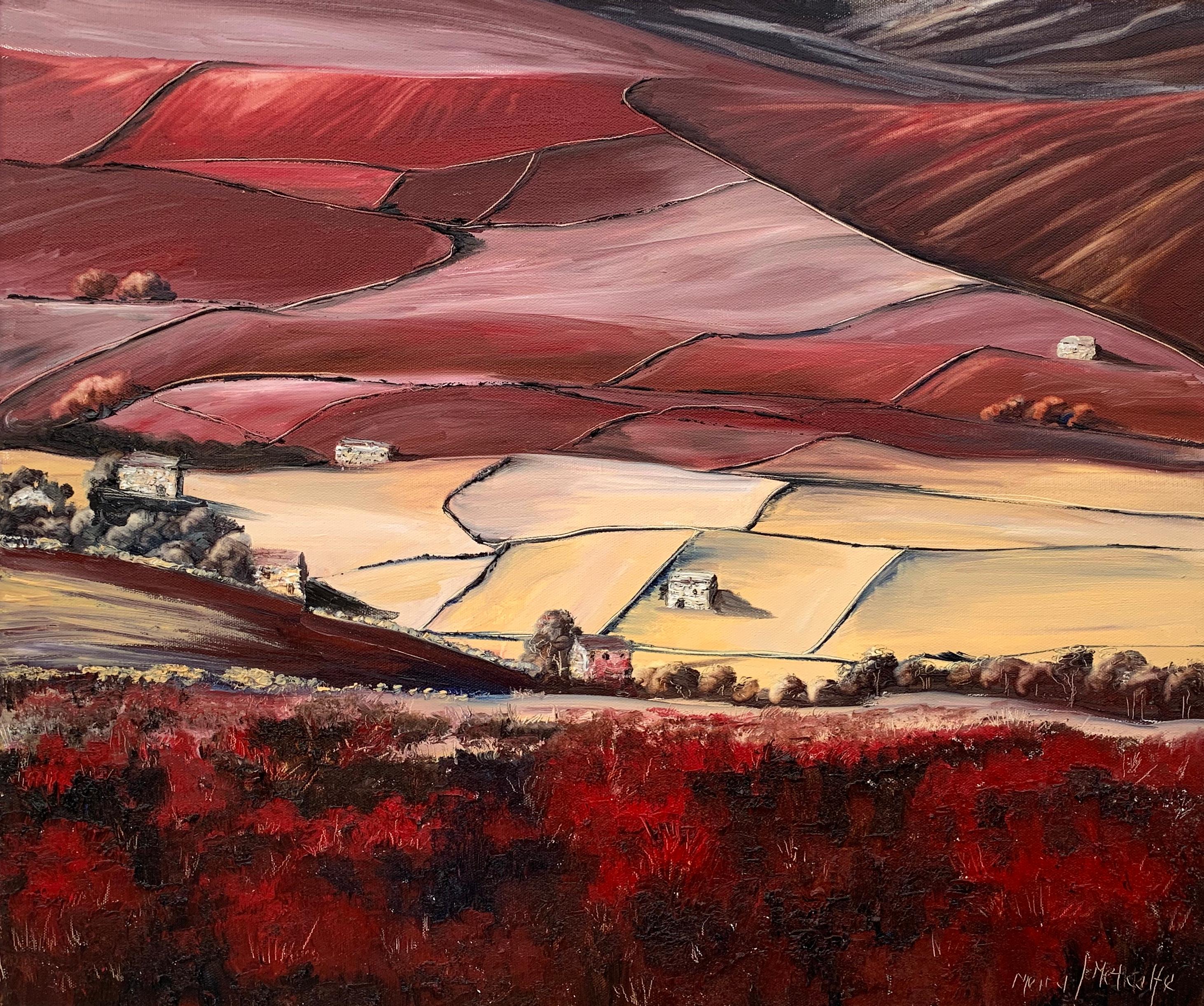 Landscape Painting Moira Metcalfe - Peinture à l'huile des Dales du Yorkshire, paysage abstrait rouge